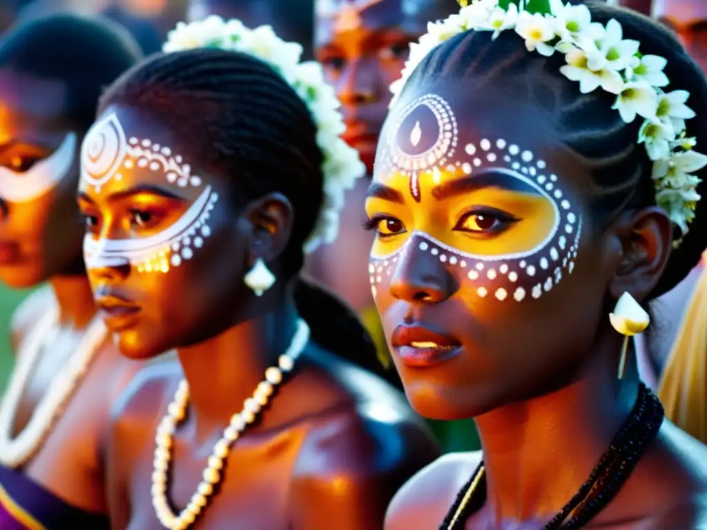 Un grupo participando en un ritual tradicional con patrones pintados en sus rostros y cuerpos, rodeados de naturaleza y luz de velas