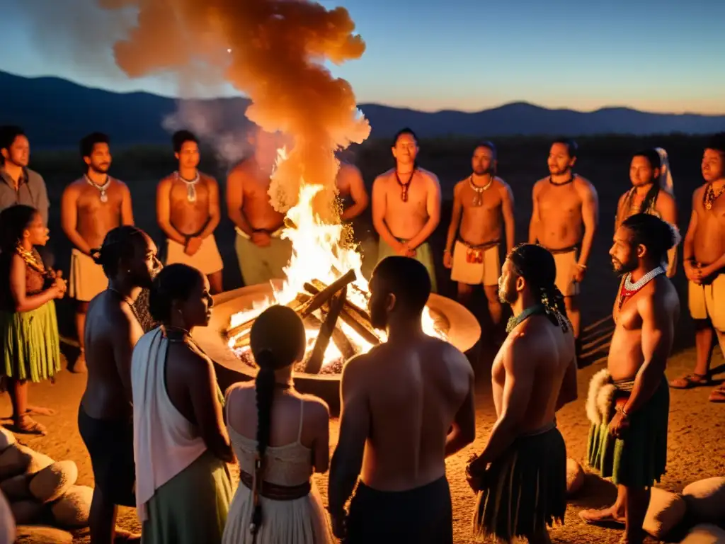 Grupo en ritual de tránsito y transformación personal alrededor del fuego en la naturaleza