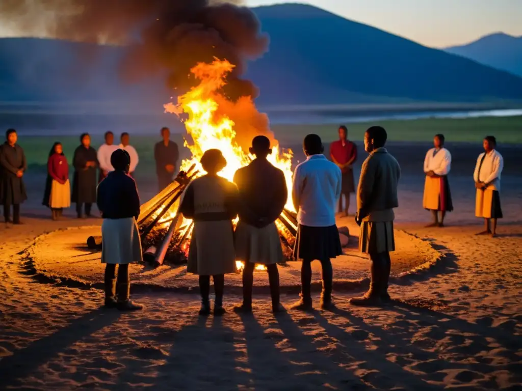 Un grupo realizando un ritual de tránsito y transformación personal alrededor de una fogata al anochecer, entre montañas