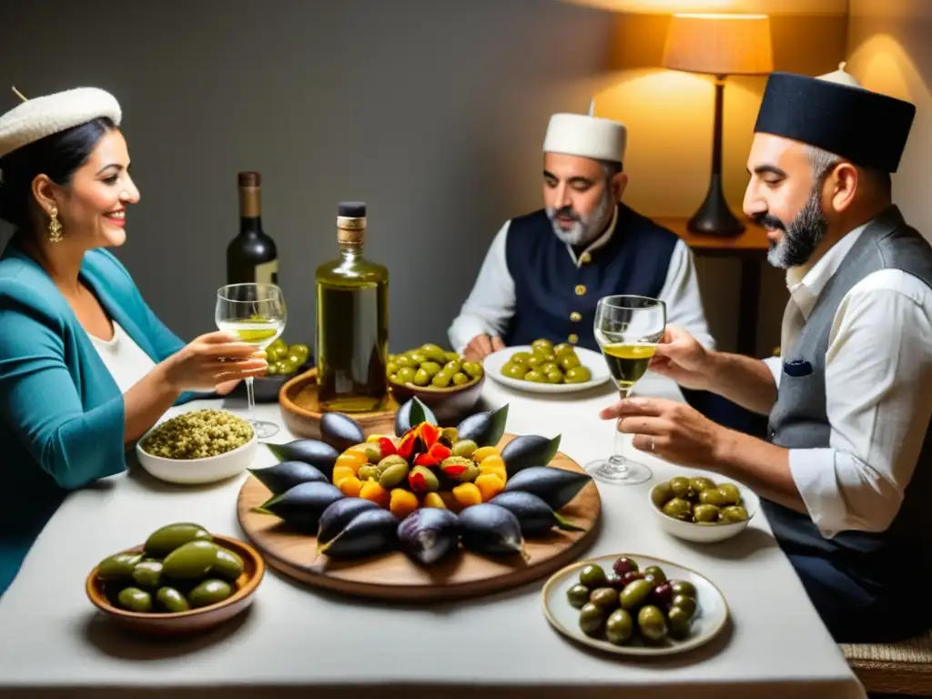 Un grupo disfruta del ritual del raki turco alrededor de una mesa con meze tradicional, creando una atmósfera de convivencia y tradición