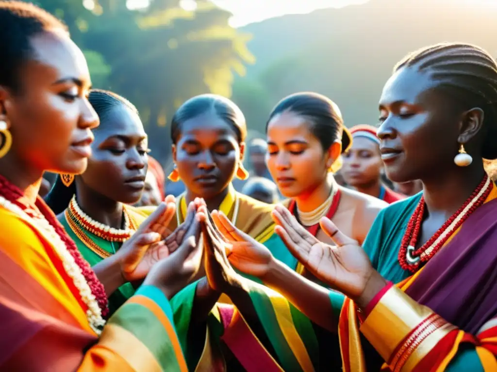 Grupo en ritual con comunicación no verbal en rituales, unidos en reverencia, luz suave y atuendos coloridos