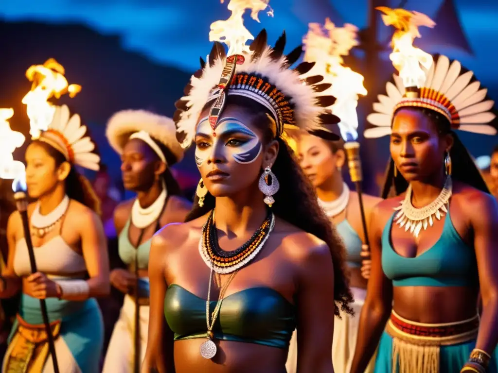 Un grupo participa en un ritual con vestimenta tradicional, danzas y objetos ceremoniales