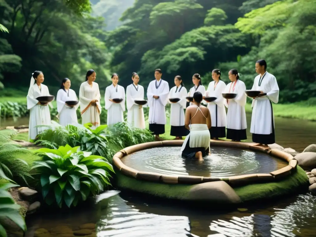 Grupo realizando rituales de renovación con agua sagrada en entorno natural sereno