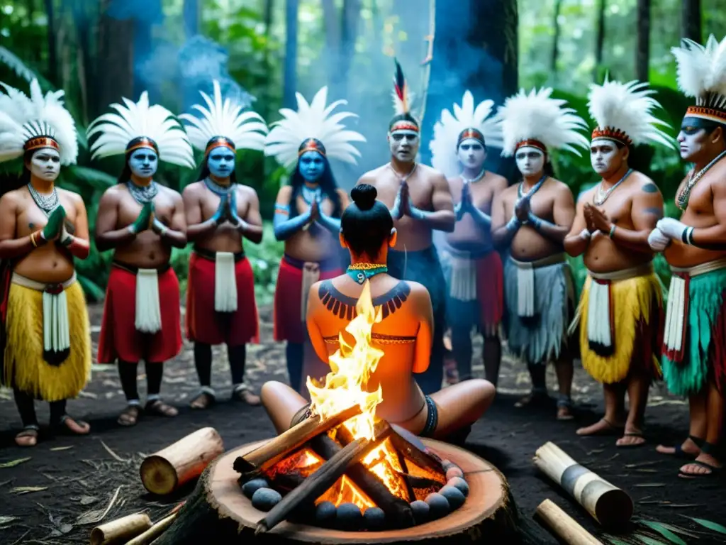 Grupo participando en rituales ancestrales alrededor de una fogata en la selva, conexión espiritual y reverencia cultural