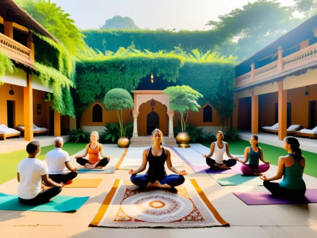 Grupo practica rituales ayurvédicos para equilibrio cuerpo mente en un patio soleado de la India, adornado con tapestries y mandalas vibrantes