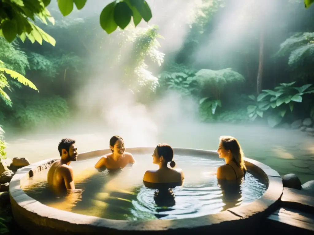 Un grupo disfruta de rituales de bienestar en termas, inmersos en aguas termales rodeados de naturaleza exuberante y una atmósfera serena