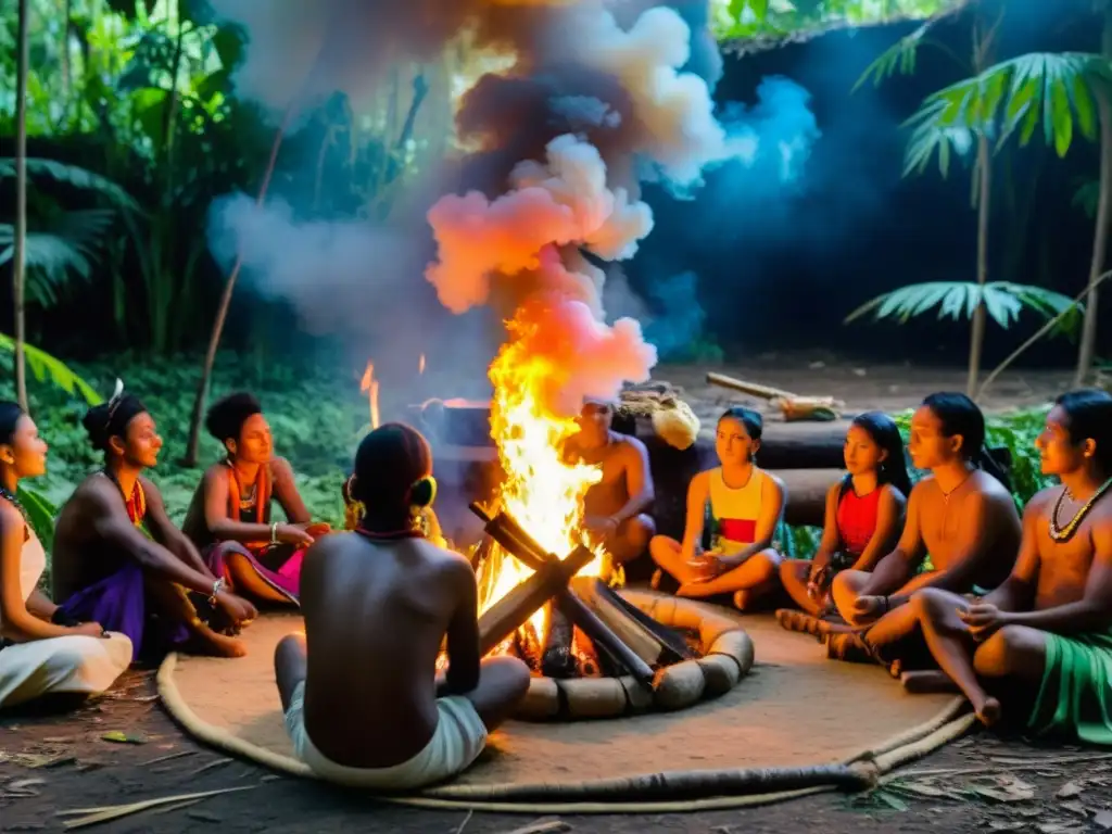 Grupo en rituales: danzas coloridas alrededor de fogata en la selva con música electrónica