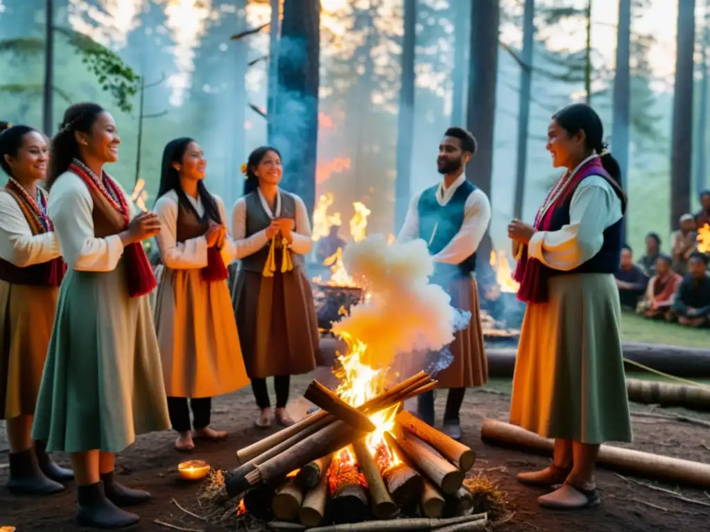 Grupo celebrando rituales para el equinoccio alrededor de una fogata en el bosque al atardecer, con incienso y cantos en el aire