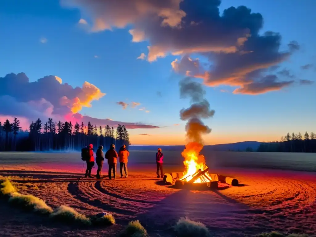 Grupo celebrando rituales de equinoccio y solsticio alrededor de fogata en el atardecer entre altos árboles