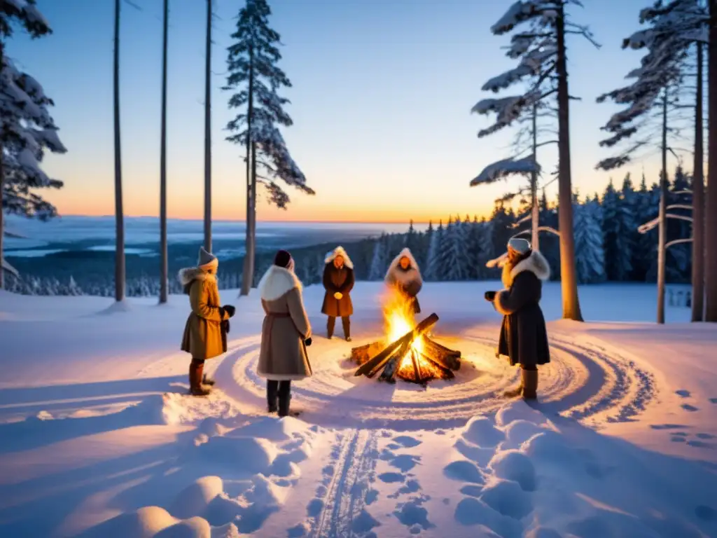 Grupo en rituales escandinavos solsticio invierno, celebrando alrededor del fuego en un bosque nevado al atardecer