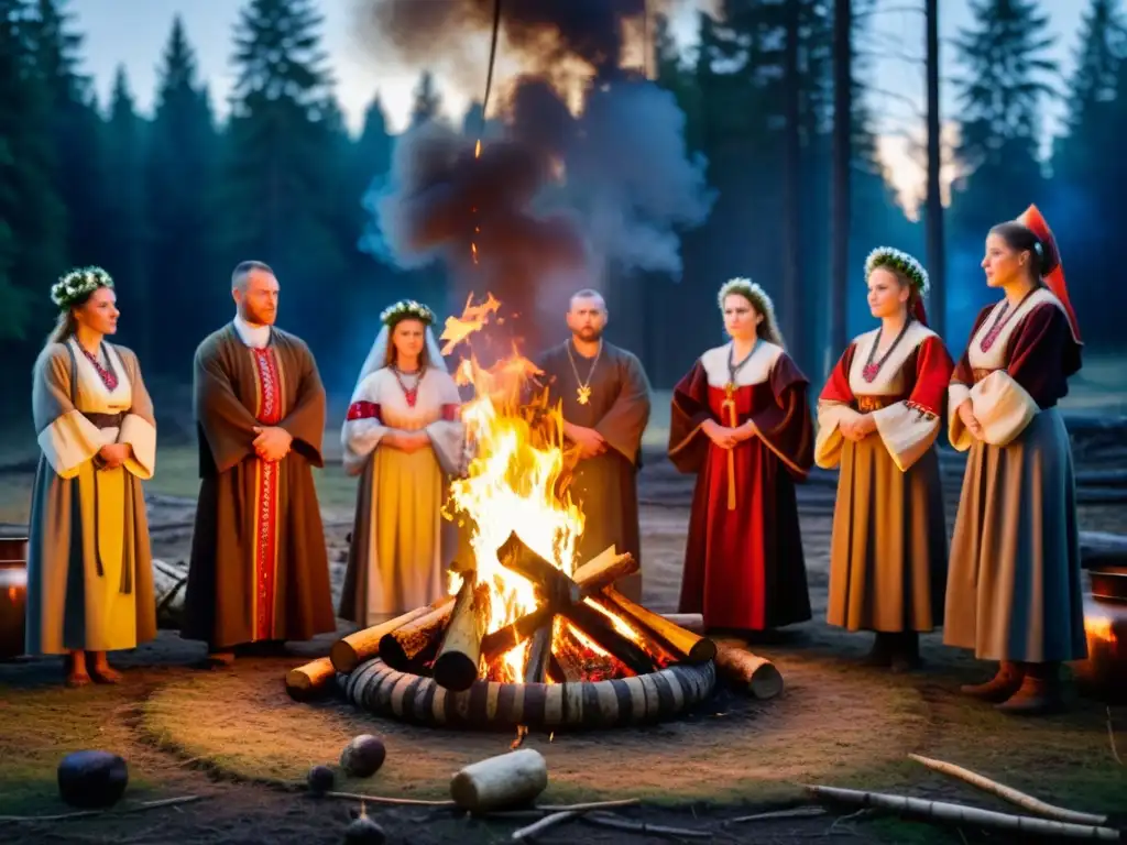 Grupo participando en rituales eslavos de purificación alrededor de fogata en el bosque oscuro, vestidos con atuendos tradicionales y adornos florales