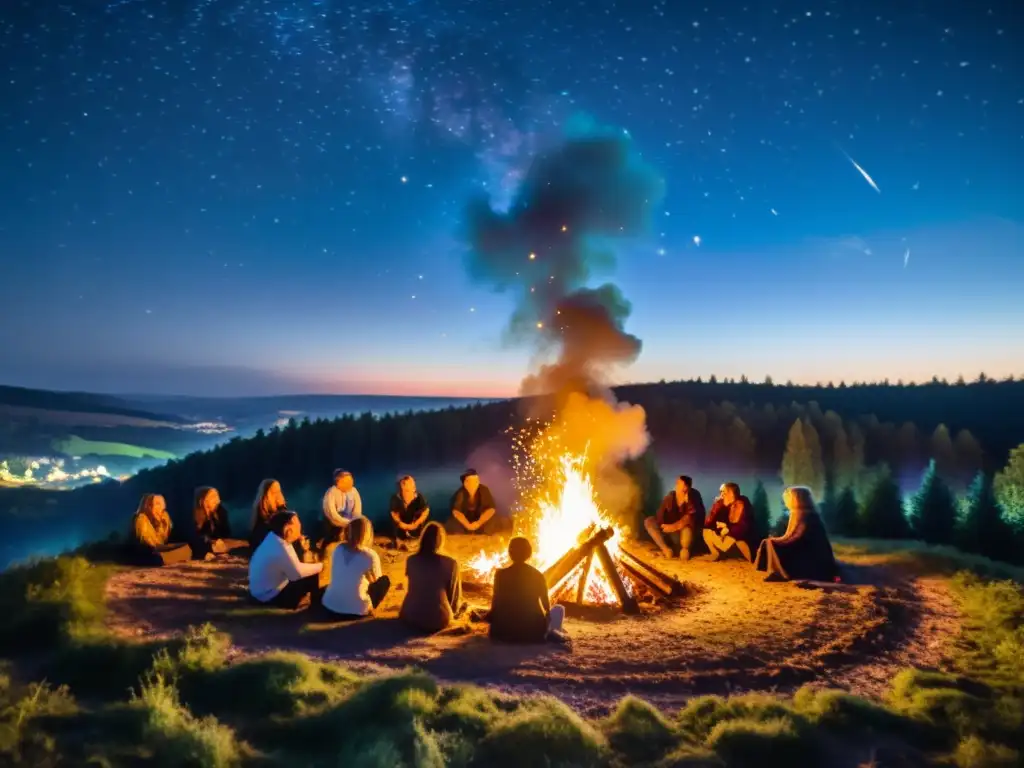 Grupo celebra rituales europeos noche San Silvestre alrededor de fogata en el bosque bajo un cielo estrellado y castillo medieval