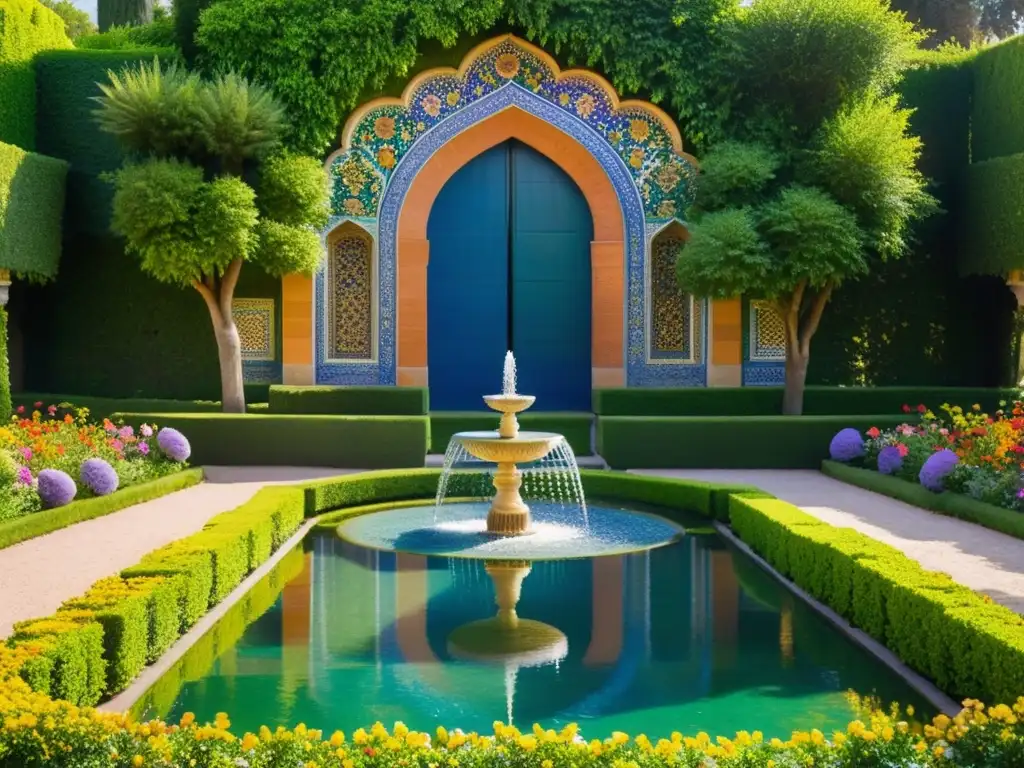 Un grupo realiza rituales en un exuberante jardín persa, rodeado de flores y azulejos, capturando la esencia de los rituales en jardines persas