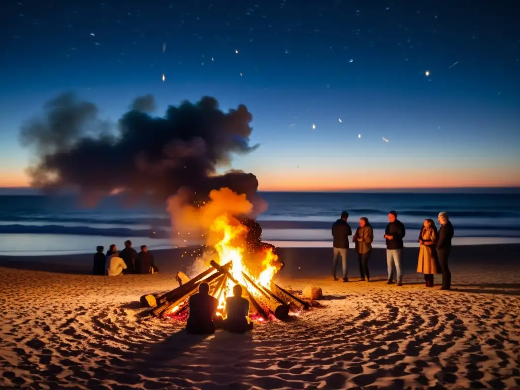 Grupo disfrutando de rituales Noche de San Juan alrededor de fogata en la playa, bajo un cielo estrellado