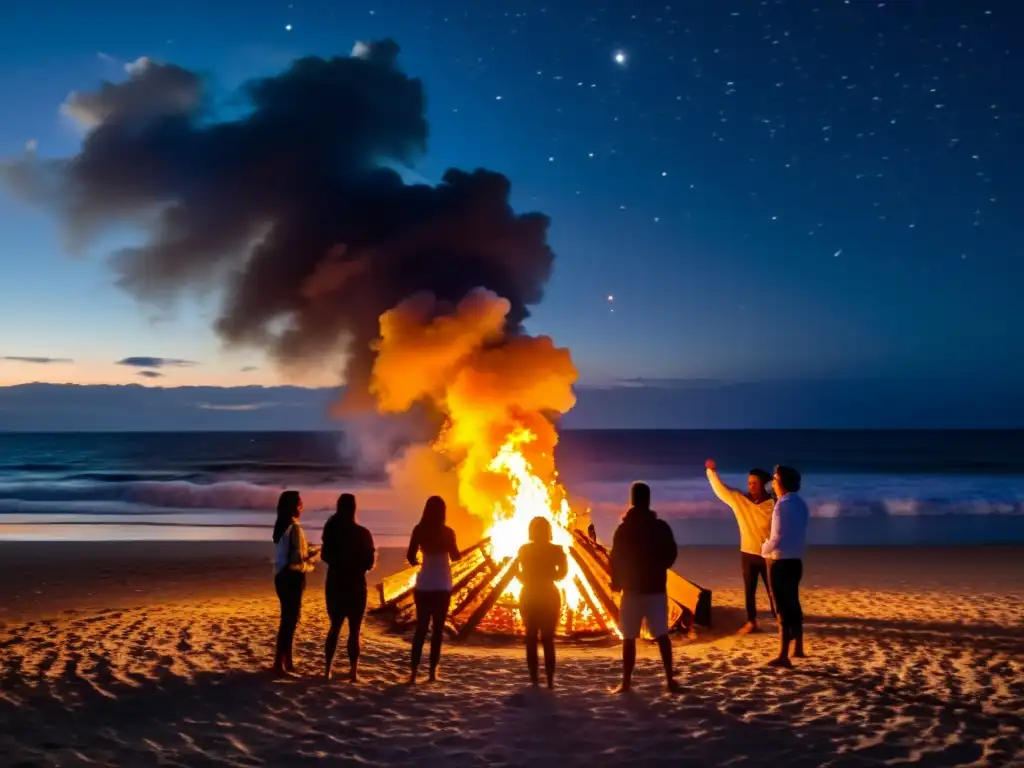 Grupo celebrando rituales de la Noche de San Juan alrededor de fogata en la playa, bajo un cielo estrellado