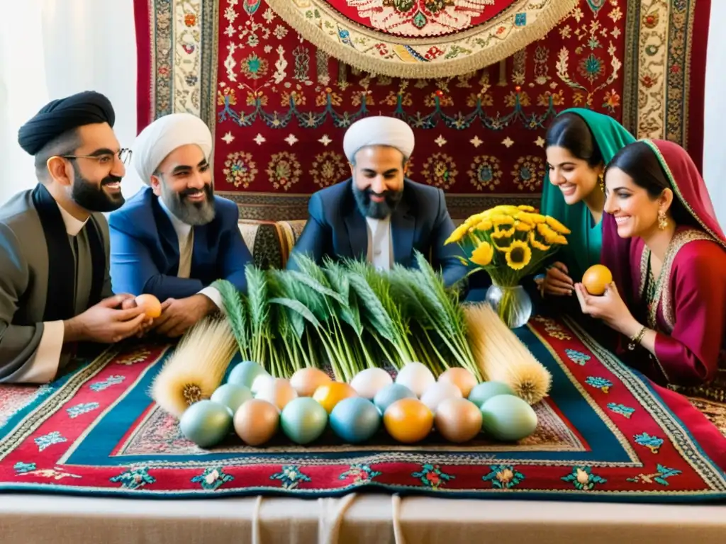 Grupo celebrando Rituales de Nowruz en Persia alrededor de mesa HaftSeen con elementos simbólicos y vestimenta tradicional persa