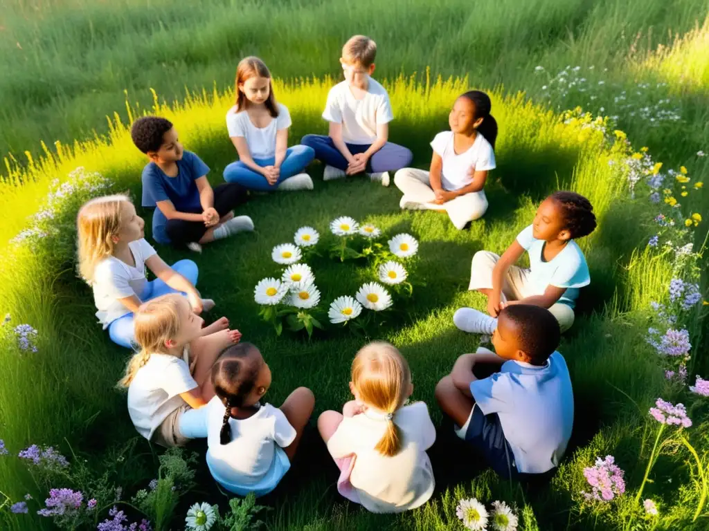 Un grupo de niños practica rituales de mindfulness en un prado soleado rodeado de flores silvestres, creando un ambiente tranquilo y sereno