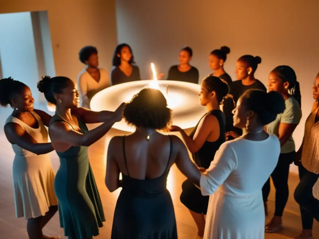 Grupo en sesión de rituales de sanación a través de la danza, expresando liberación y empoderamiento en un ambiente de calma y emotividad