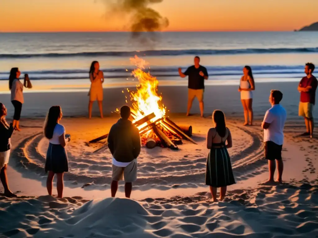 Grupo celebrando rituales de Solsticio de Verano alrededor de fogata en la playa al atardecer, creando una atmósfera mágica y festiva