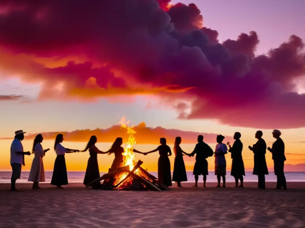 Un grupo celebra Rituales de Solsticio de Verano alrededor de una fogata en la playa al atardecer