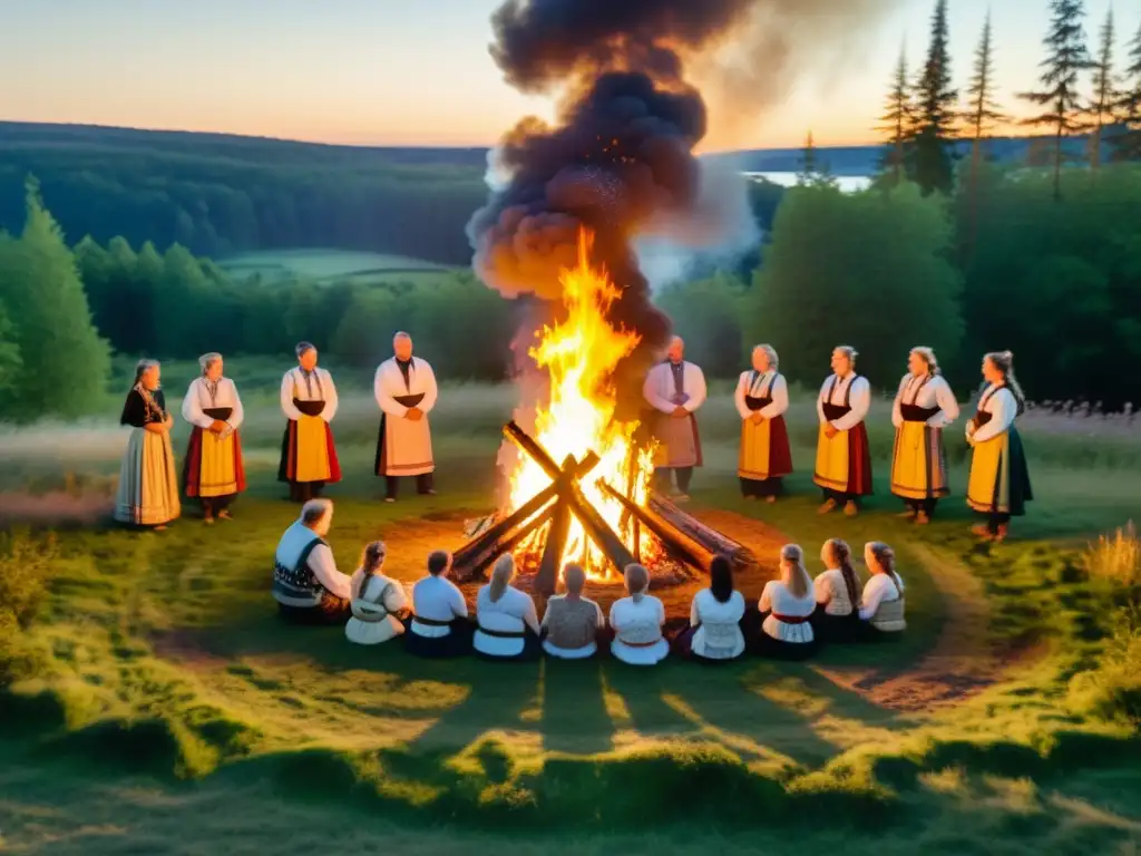 Grupo celebrando rituales de solsticio de verano nórdicos alrededor de una fogata en el bosque al atardecer