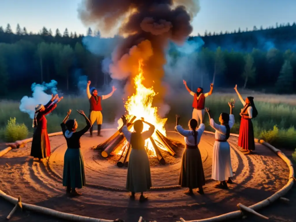 Un grupo realiza rituales de trance y éxtasis alrededor de una fogata en el bosque, con trajes tradicionales y rostros iluminados por el fuego