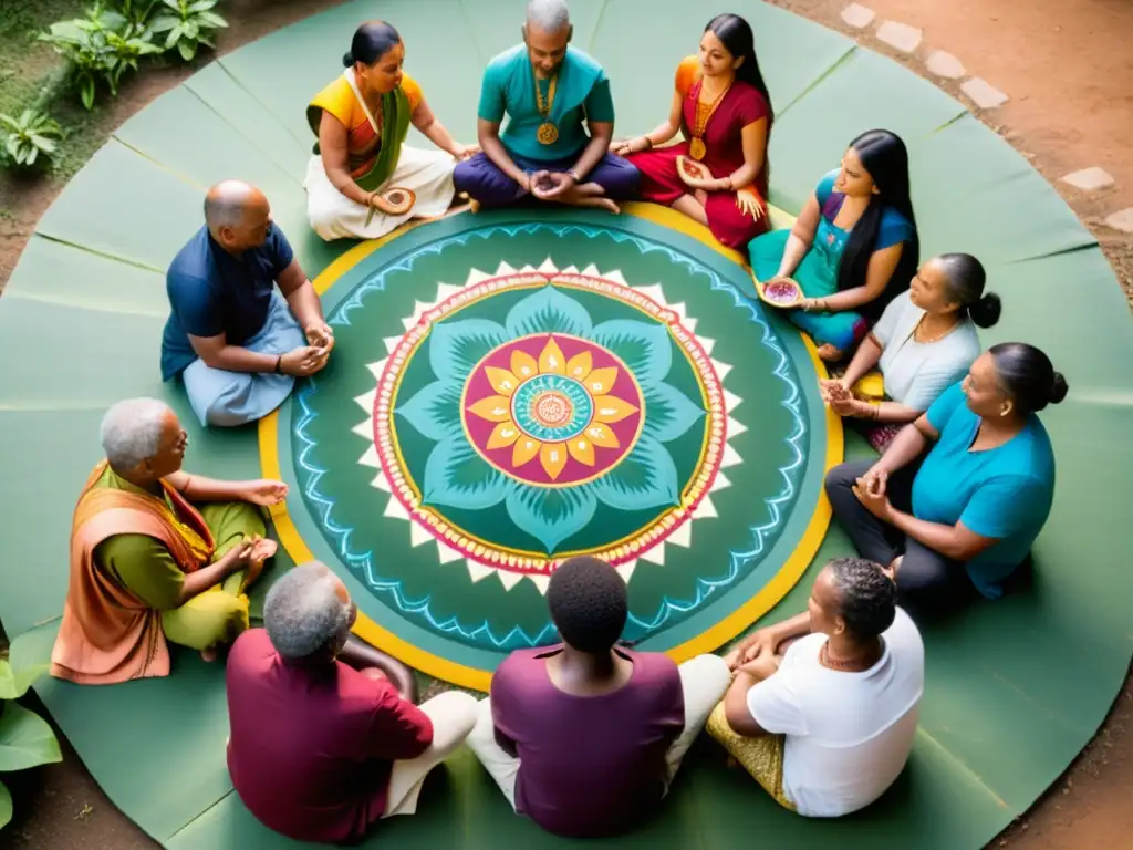 Un grupo en meditación rodeado de mandalas coloridos