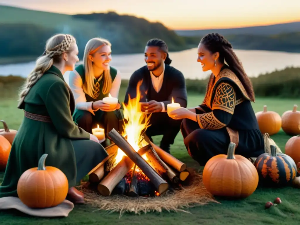 Rituales celtas de Samhain en el bosque: mística celebración de año nuevo Grupo en ropa celta alrededor de fogata en bosque, realizando Ritos de Año Nuevo Celta Samhain con calabazas talladas y velas encendidas