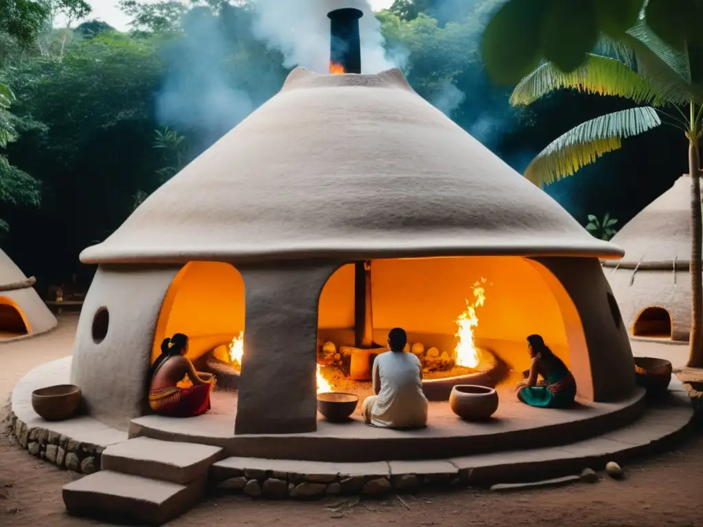 Un grupo viste ropa tradicional maya, preparando hierbas para rituales de bienestar maya en Temazcal