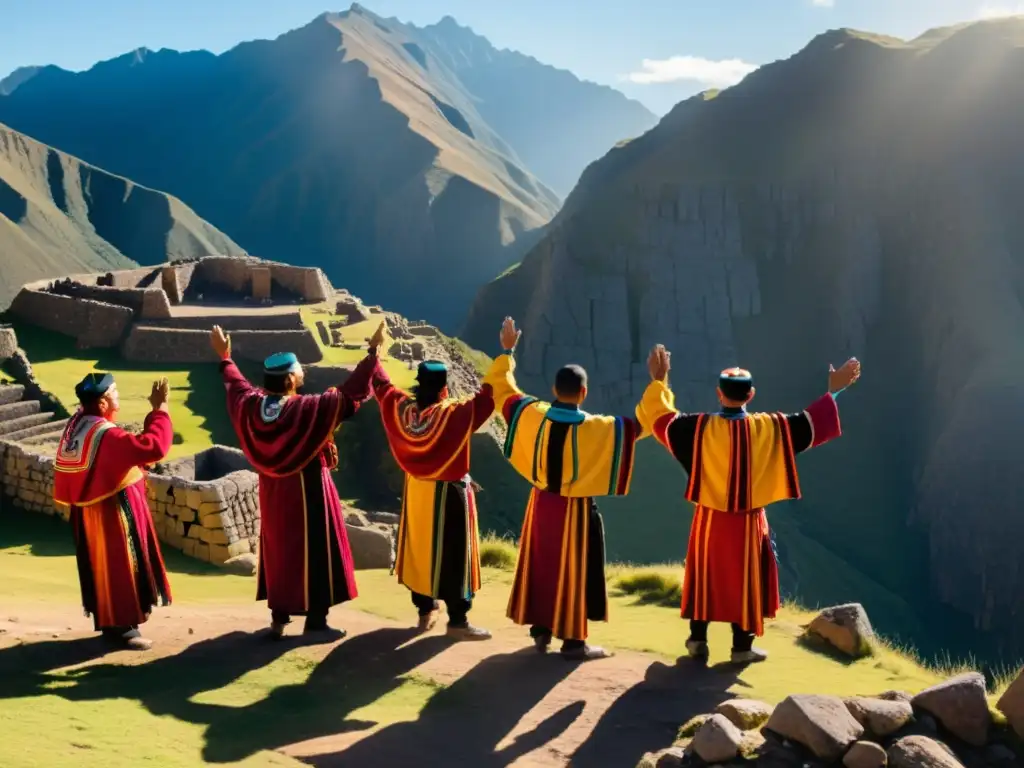 Grupo de sacerdotes andinos en ritual solar sagrado, invocando al dios Inti en las ruinas andinas al amanecer