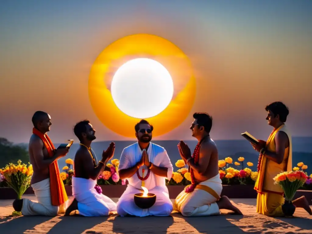 Un grupo de sacerdotes hindúes realiza rituales durante un eclipse solar, con un ambiente de reverencia y significado espiritual