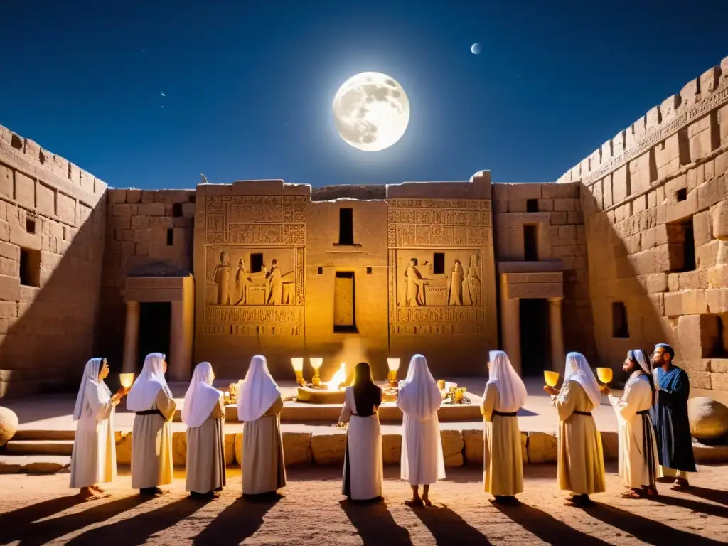 Un grupo de sacerdotes y sacerdotisas mesopotámicos realizan rituales lunares en un patio iluminado por la luna