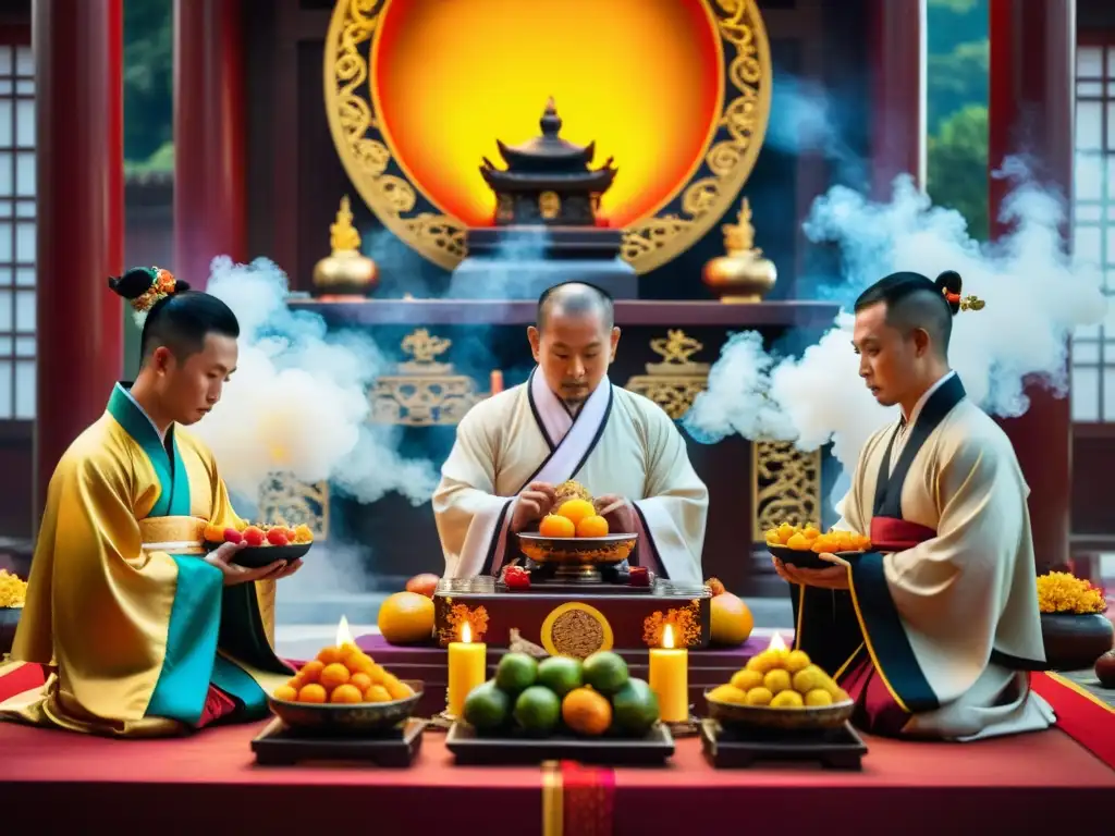 Grupo de sacerdotes taoístas realizando una ofrenda ceremonial en un altar decorado con frutas, flores e incienso