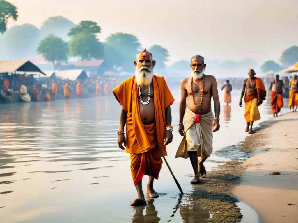 Sadhus en el Ganges: Devoción y Misterio Un grupo de Sadhus hindúes en prácticas rituales, caminando descalzos por el Ganges durante una peregrinación espiritual