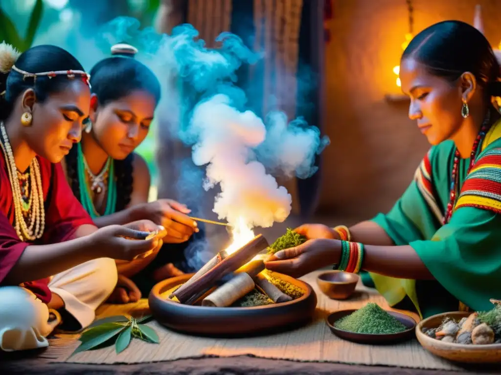 Grupo de sanadores indígenas realizando rituales de curación ancestral entre hierbas medicinales, humo de incienso y artefactos simbólicos, iluminados por la suave luz de las velas, con movimientos de manos intrincados y expresiones de concentración y reverencia