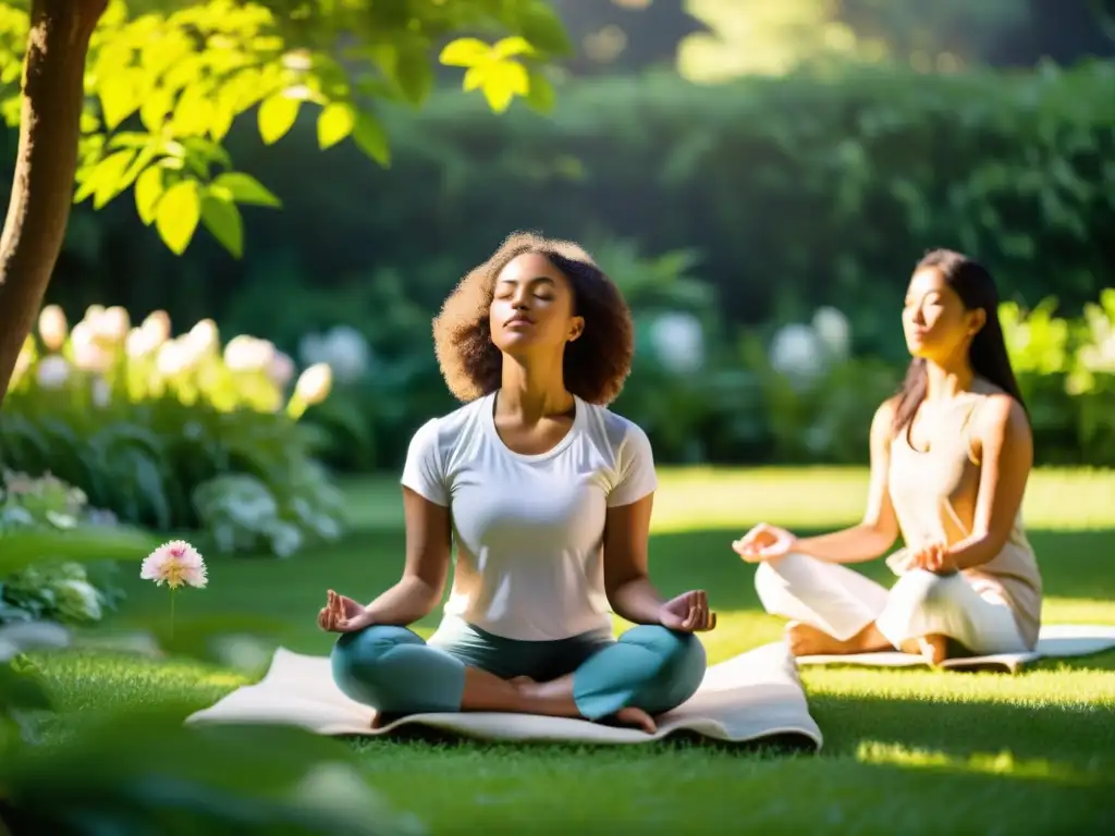 Grupo meditando en jardín sereno, conectados con la naturaleza y la paz interior en taller prácticas contemplativas vida espiritual