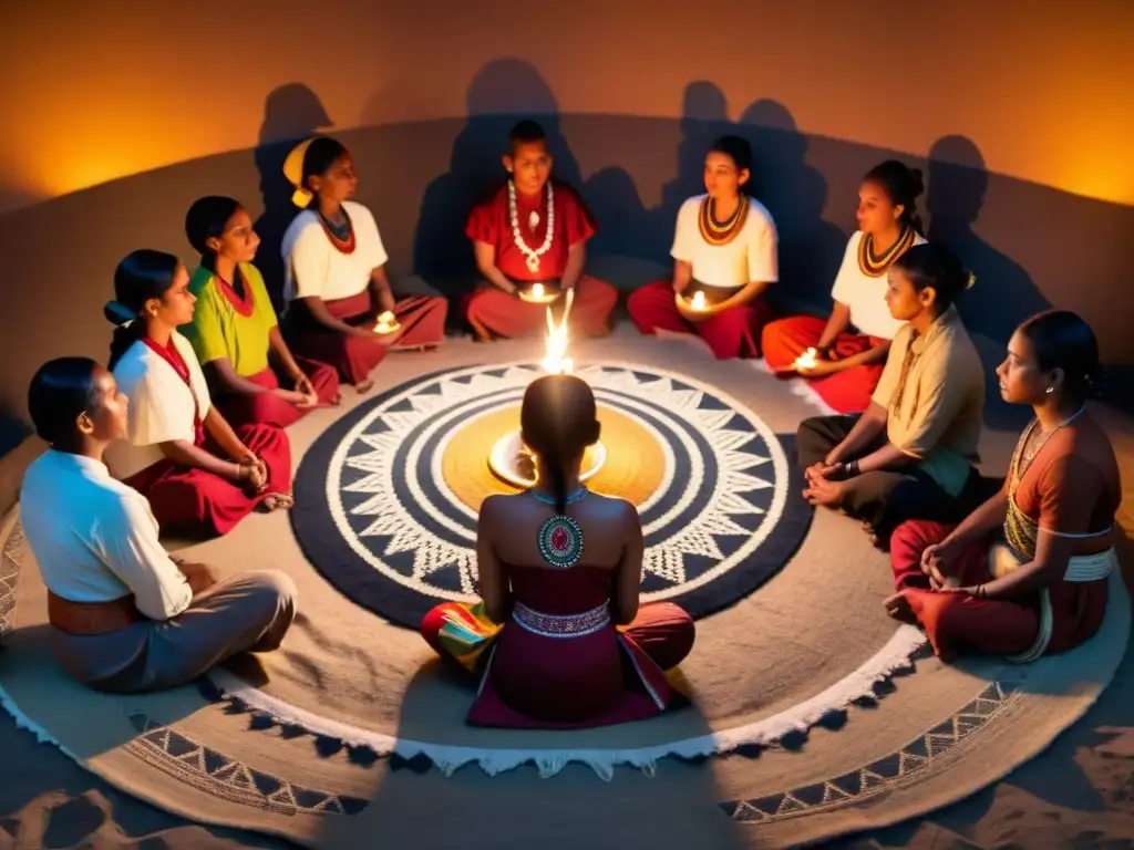 Grupo de indígenas en meditación silenciosa, envueltos en el poder del silencio en rituales, en un espacio ceremonial iluminado por velas