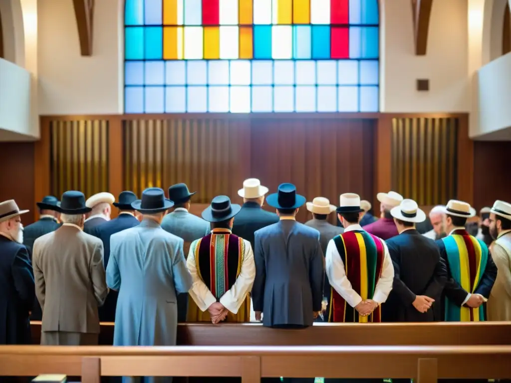 Grupo judío en la sinagoga, observando el significado del ayuno sagrado en la cultura judía durante Yom Kippur