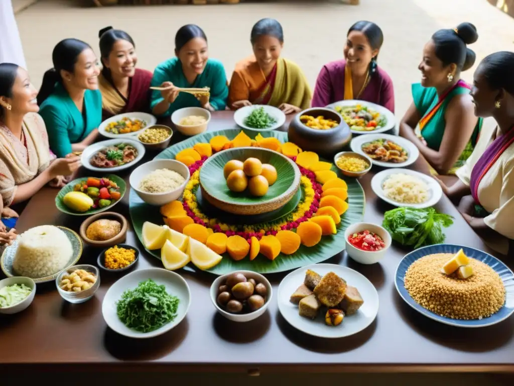 Grupo debatiendo tabúes alimenticios en rituales, rodeados de comida colorida en mesa iluminada por luz natural