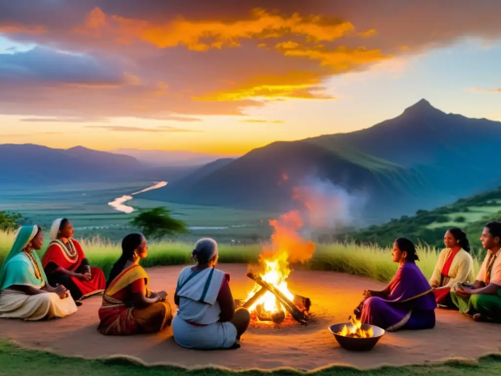 Grupo en taller de canto en rituales ancestrales, vestidos con atuendos tradicionales, cantando alrededor del fuego al atardecer en la montaña