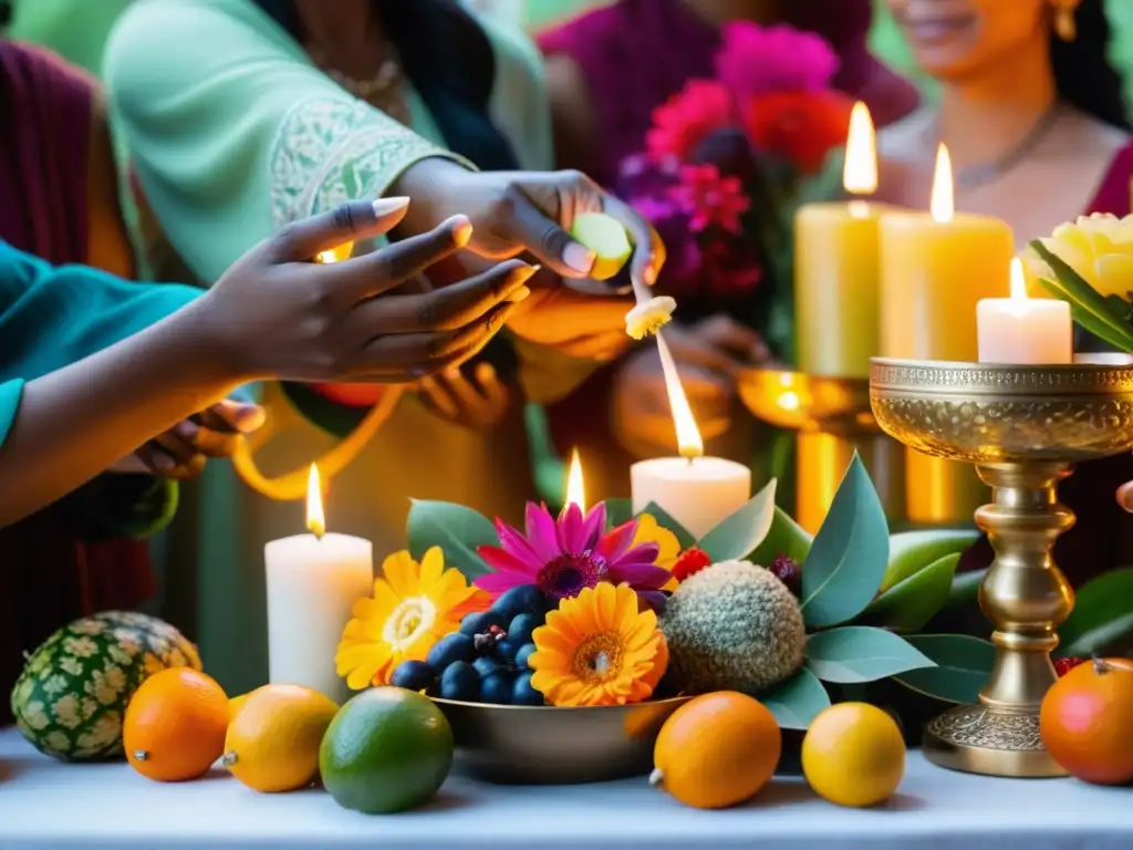 Grupo en taller de rituales de agradecimiento y prosperidad, ofrendas simbólicas, colores vibrantes y atmósfera contemplativa