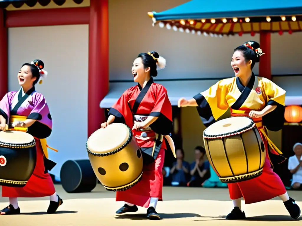 Grupo de tambores japoneses en ceremonias, vistiendo trajes vibrantes, tocando con pasión en un festival de verano