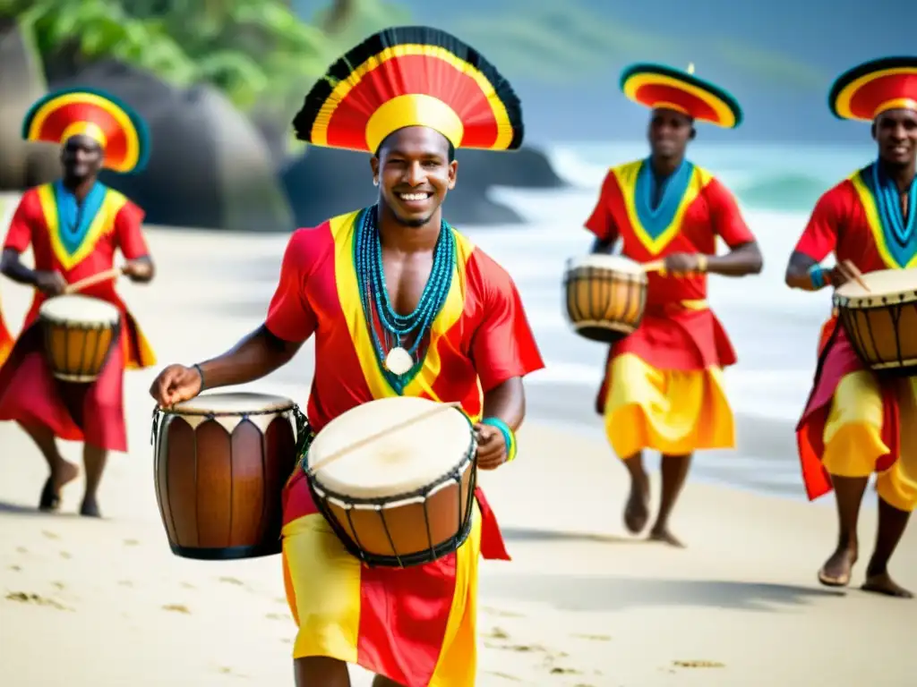 Grupo de tamborileros afrocolombianos realizando un ceremonial de ritmo y energía en la playa al atardecer, conectados con la música y cultura