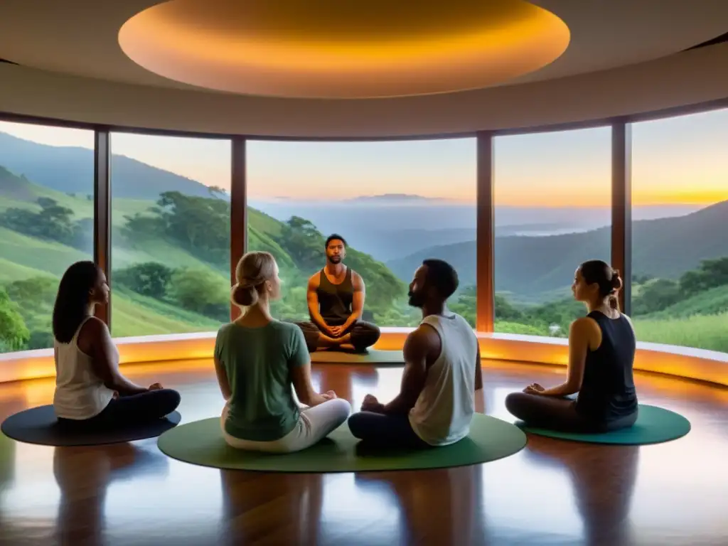 Grupo practicando técnicas de respiración consciente en un ritual de liberación, en una sala con vista a un valle verde al atardecer