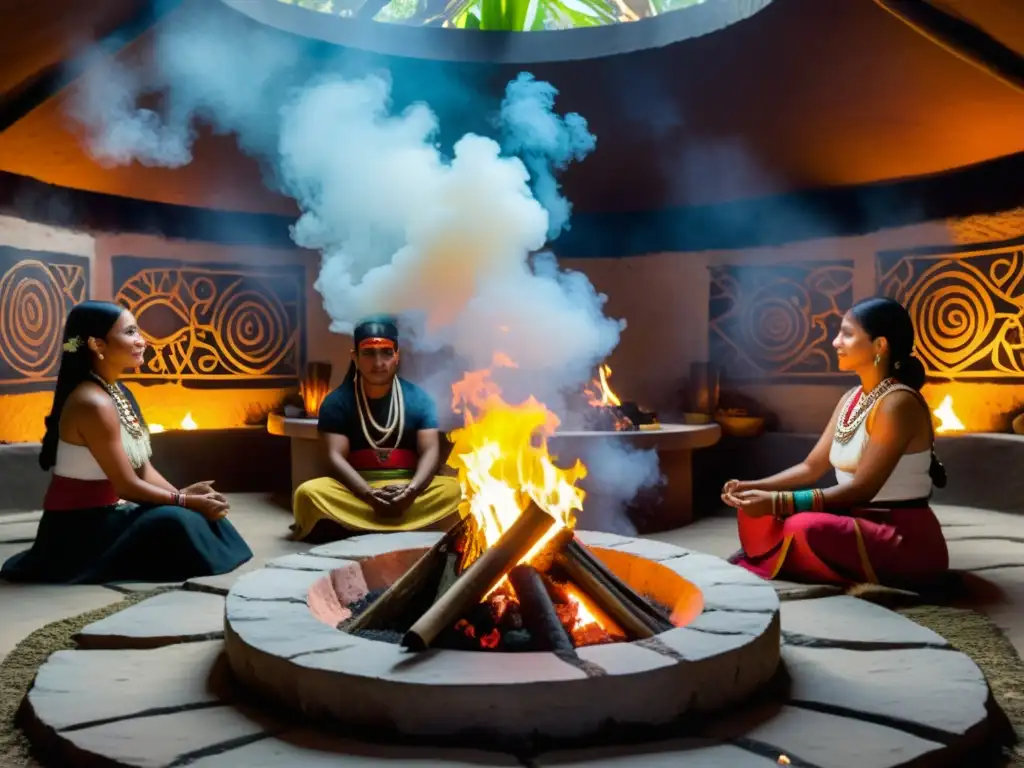 Grupo en Temazcal maya, participando en rituales de bienestar, guiados por el chamán entre murales y vapor