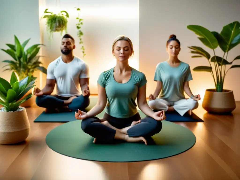 Grupo de trabajadores en meditación, rodeados de plantas, en un ambiente tranquilo y sereno