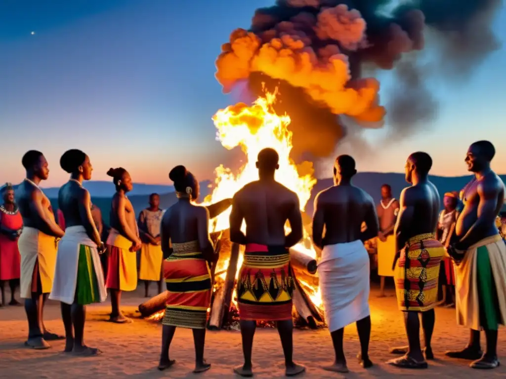 Grupo en trajes africanos alrededor de fogata en ritual de Año Nuevo en África, vibrantes colores y expresiones de solemnidad y alegría