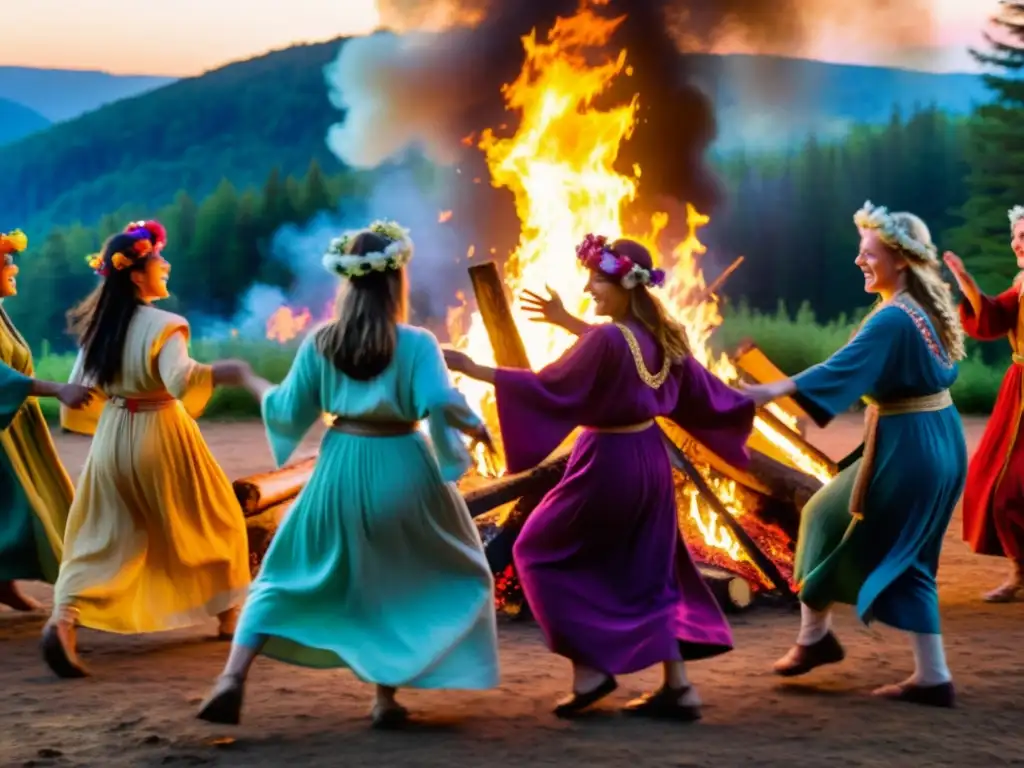 Grupo en trajes coloridos baila alrededor de fogata en el bosque durante rituales neopaganos Beltane festividad fuego