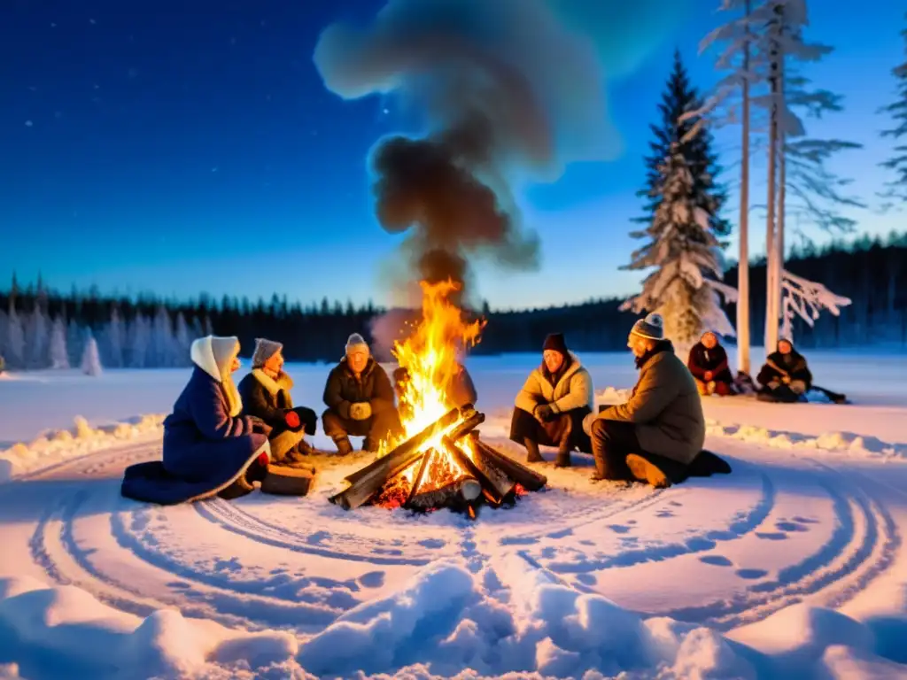 Grupo en trajes escandinavos alrededor de una fogata en el bosque nevado, exudando la esencia de rituales escandinavos solsticio invierno