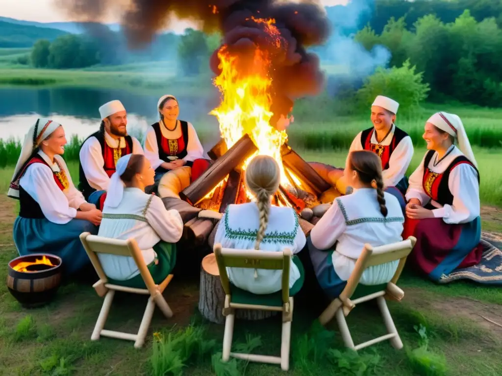 Un grupo en trajes eslavos alrededor de una fogata en el bosque, disfrutando de kvass y celebrando la Noche de Iván Kupala